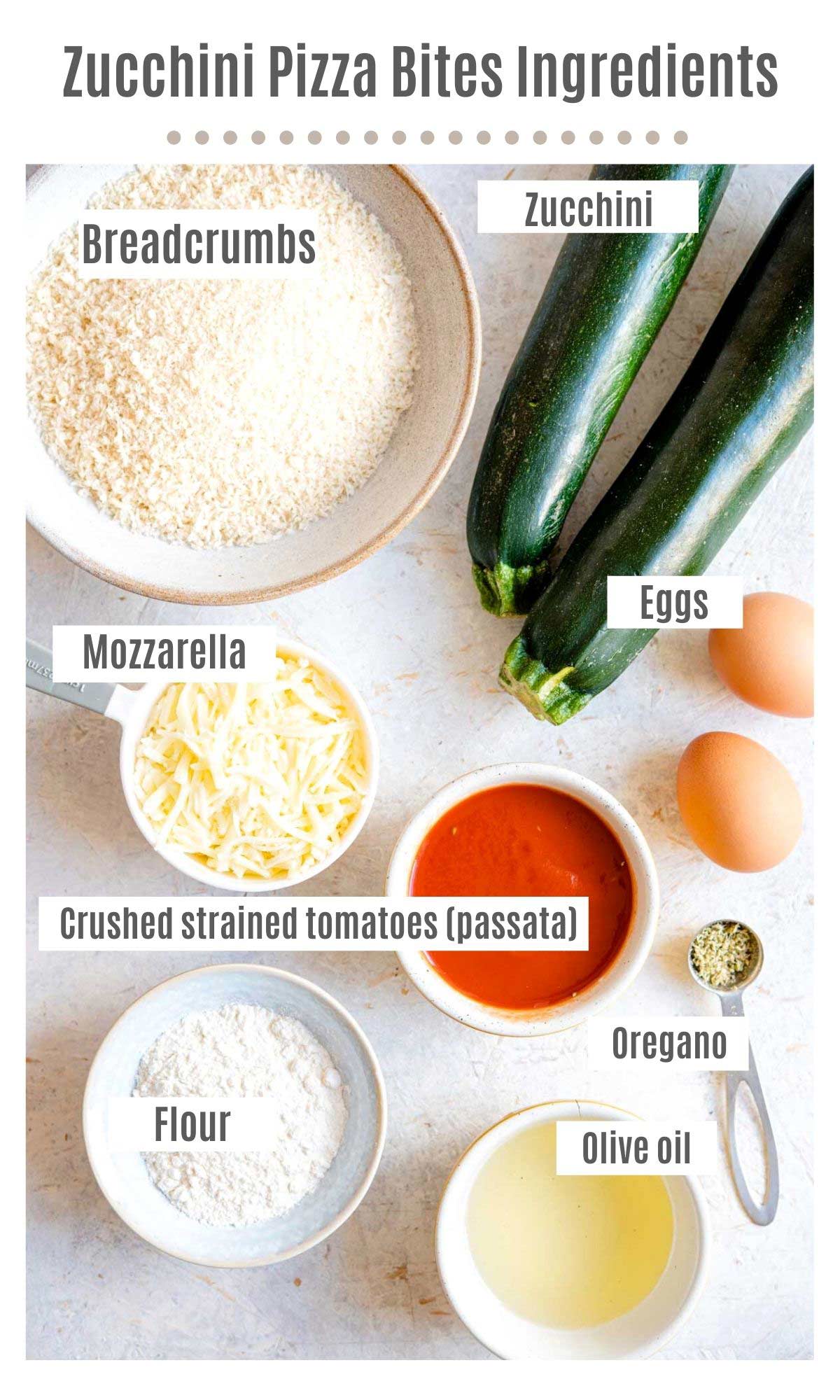An overhead shot of all the ingredients you need to make zucchini pizza bites