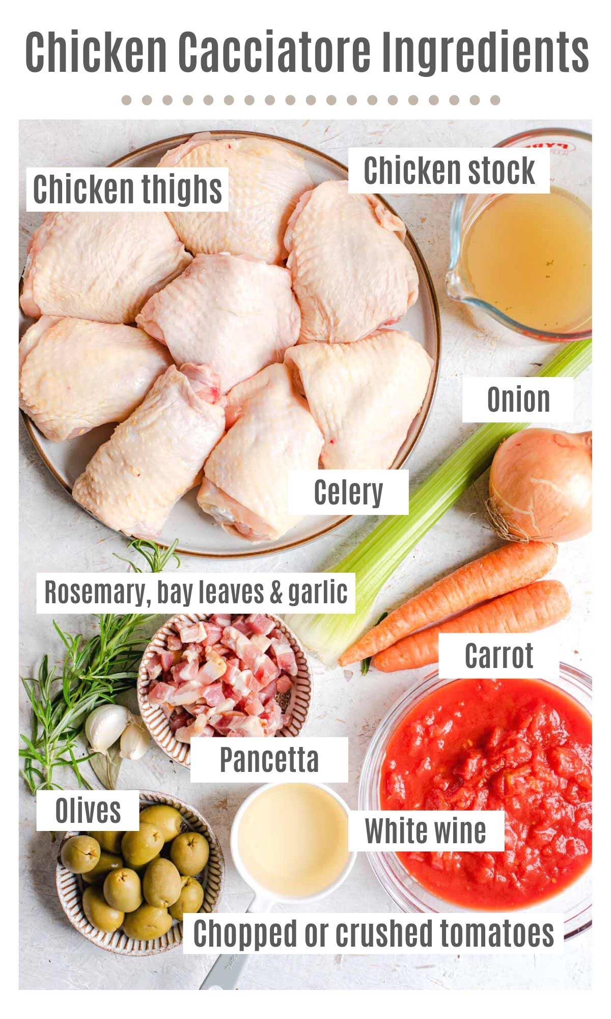 An overhead shot of all the ingredients you need to make chicken cacciatore