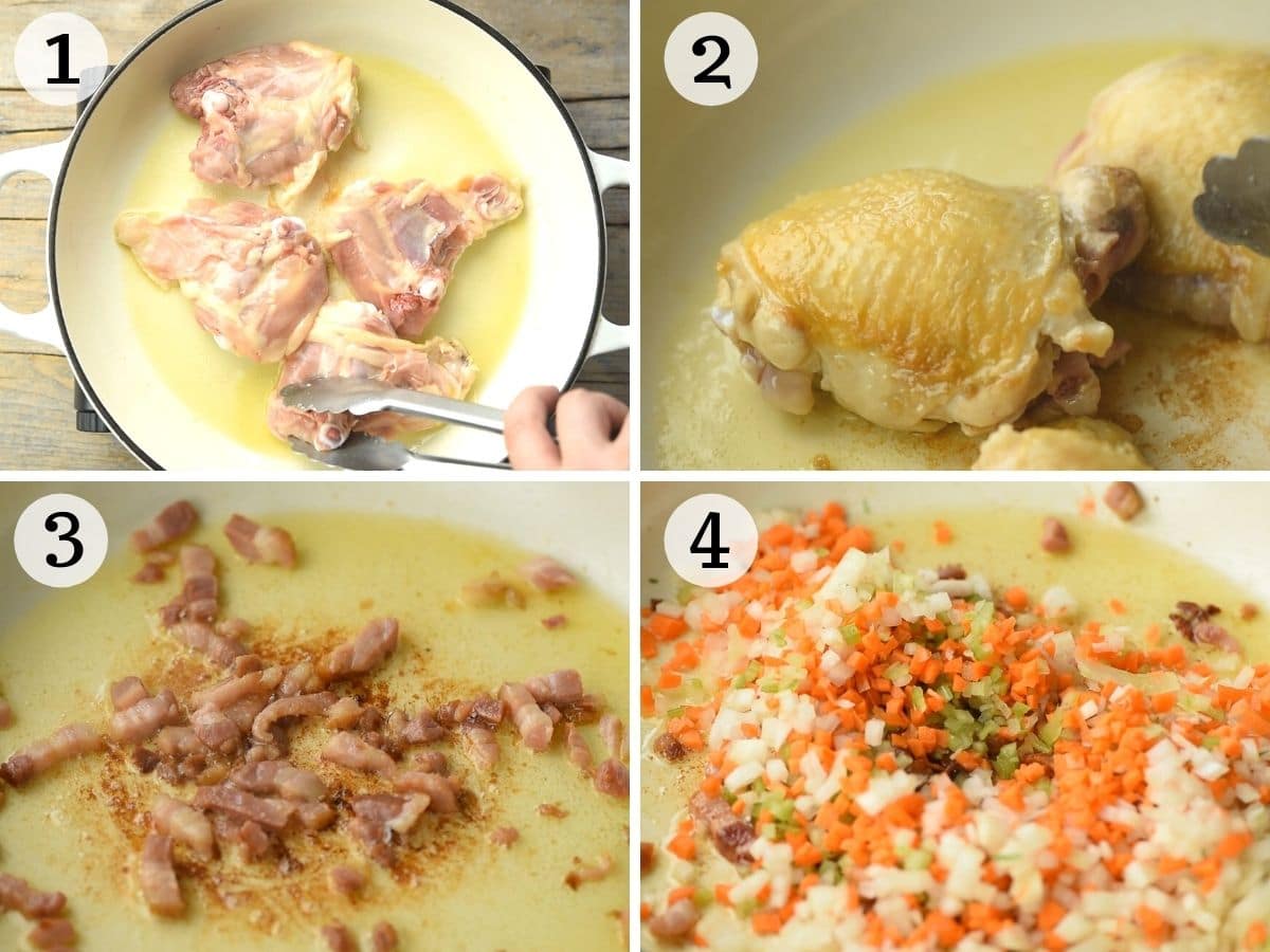 Step by step photos showing how to brown chicken and pancetta