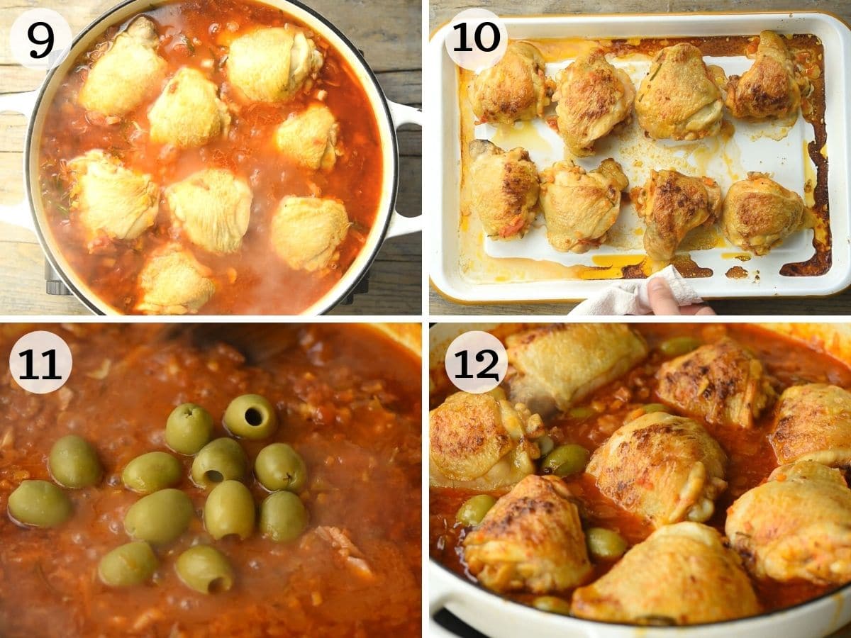 Step by step photos showing the final stages of cooking chicken cacciatore
