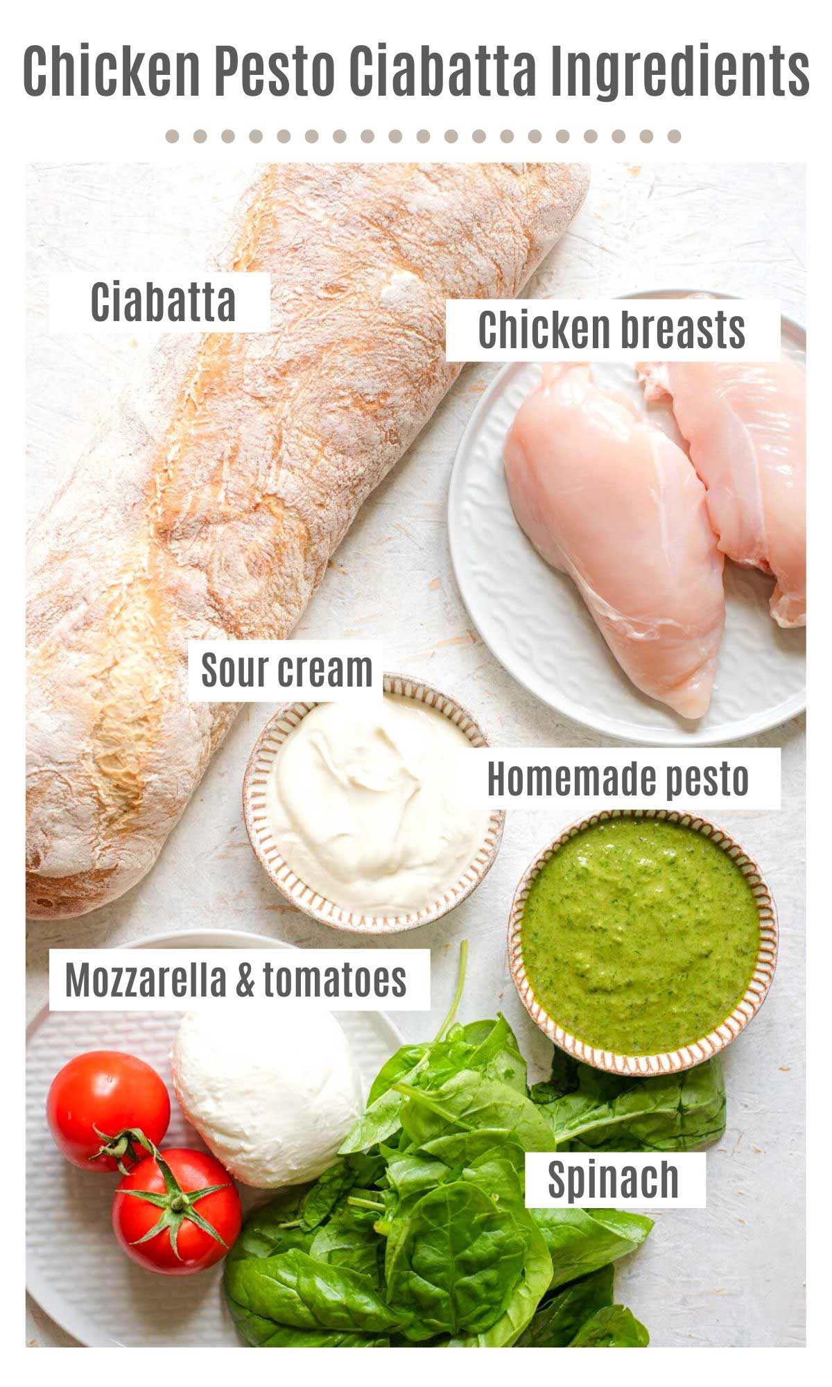 An overhead shot of all the ingredients you need to make a chicken ciabatta sandwich with pesto