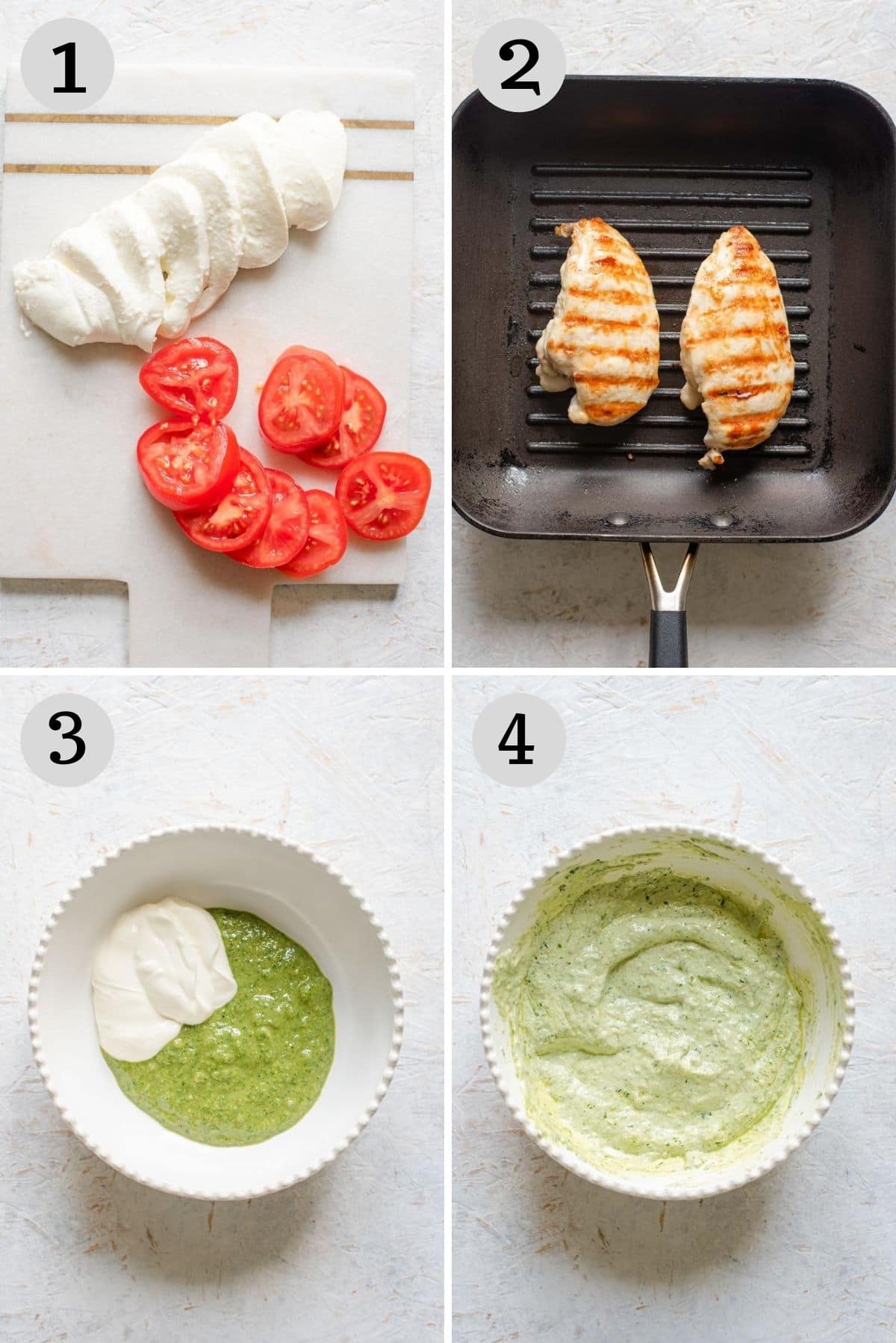 Step by step photos showing how to prepare ingredients to make a chicken ciabatta sandwich with pesto