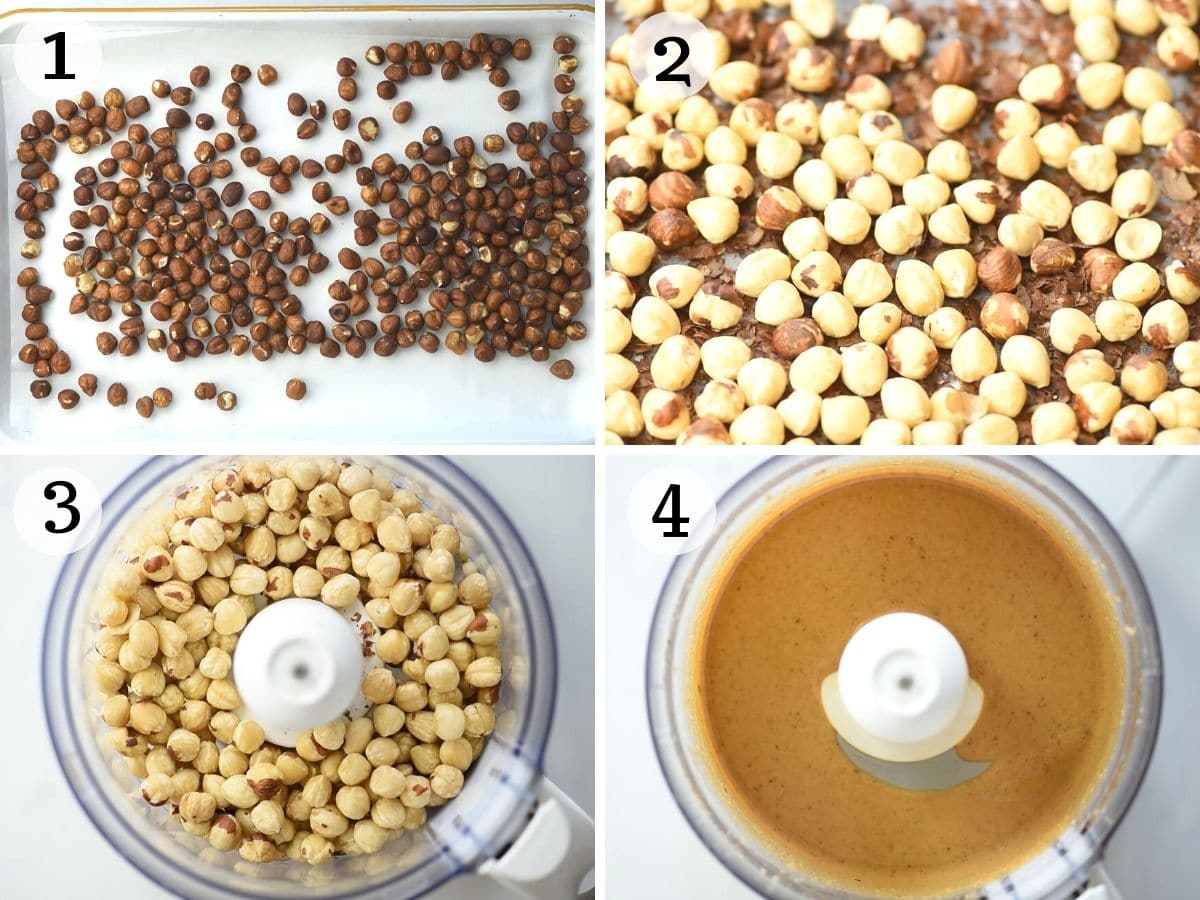 Step by step photos showing how to roast and blend hazelnuts