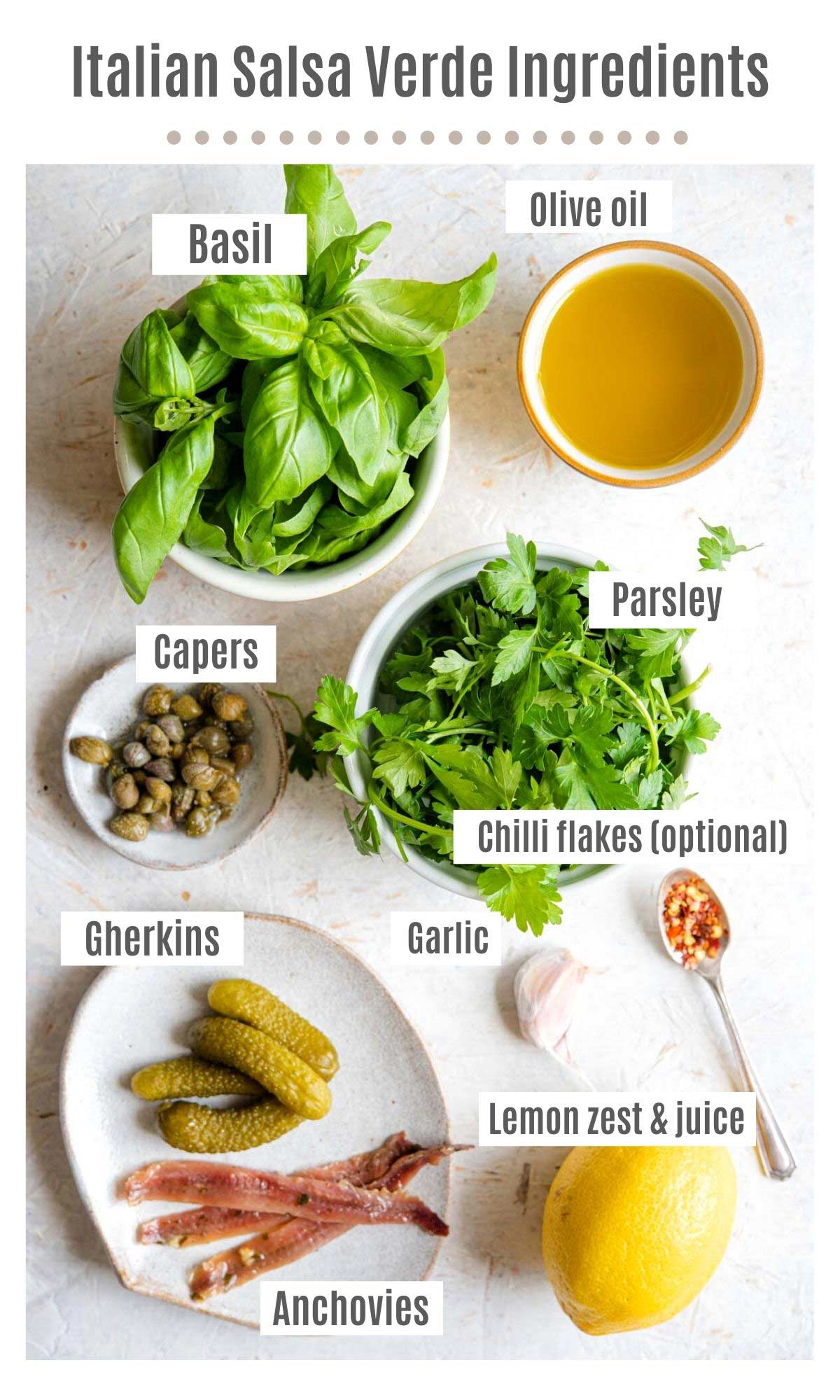 An overhead shot of ingredients you need to make salsa verde