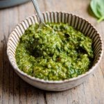 A square image of Italian salsa verde in a ramekin