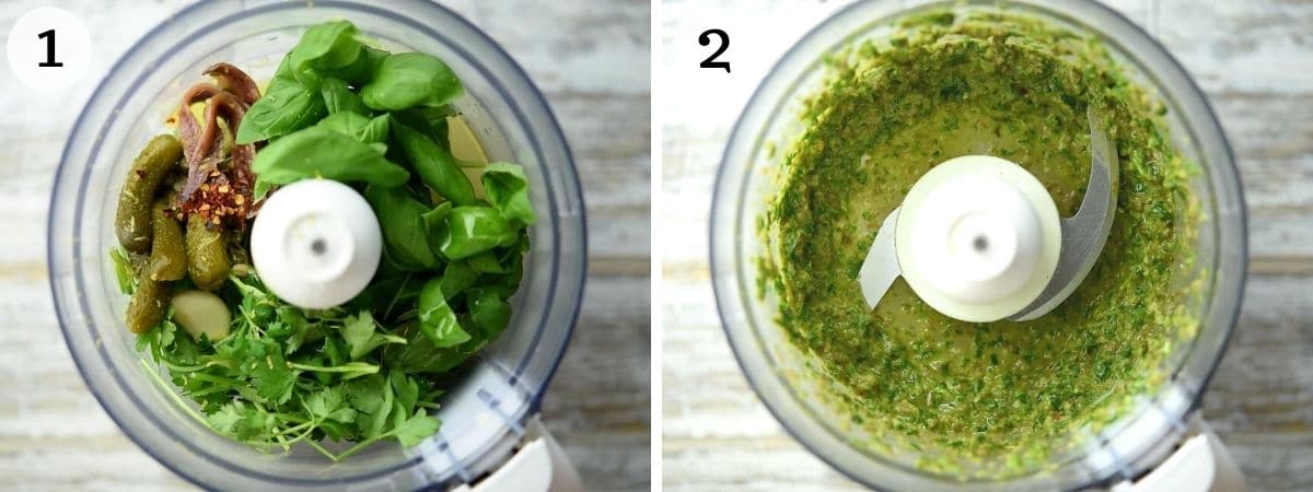 Step by step photos showing how to make Italian salsa verde
