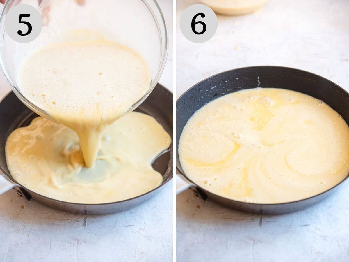 Two photos showing how to pour the farinata batter into a skillet