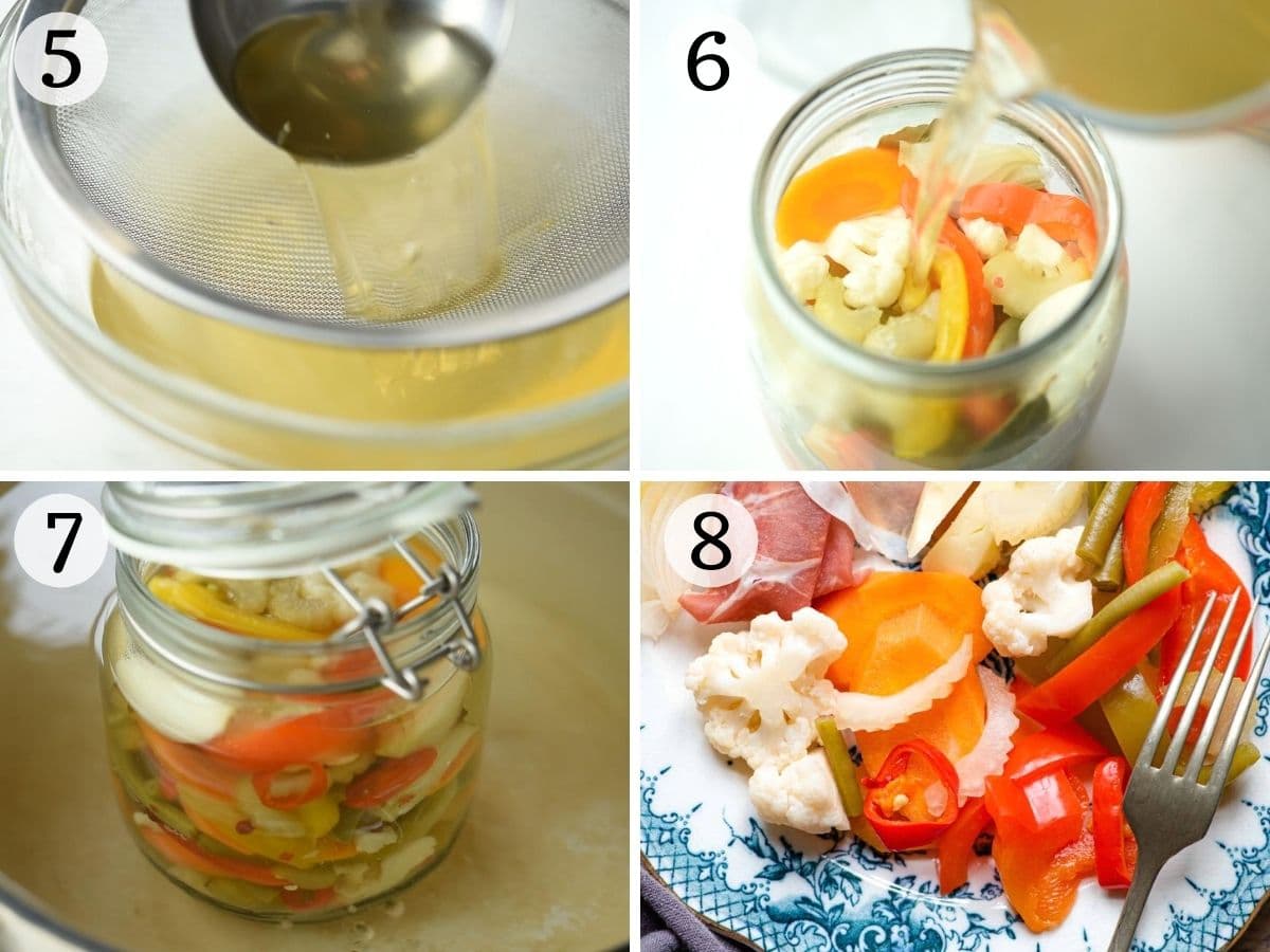 Step by step photos showing how to can and seal Giardiniera Italian vegetables