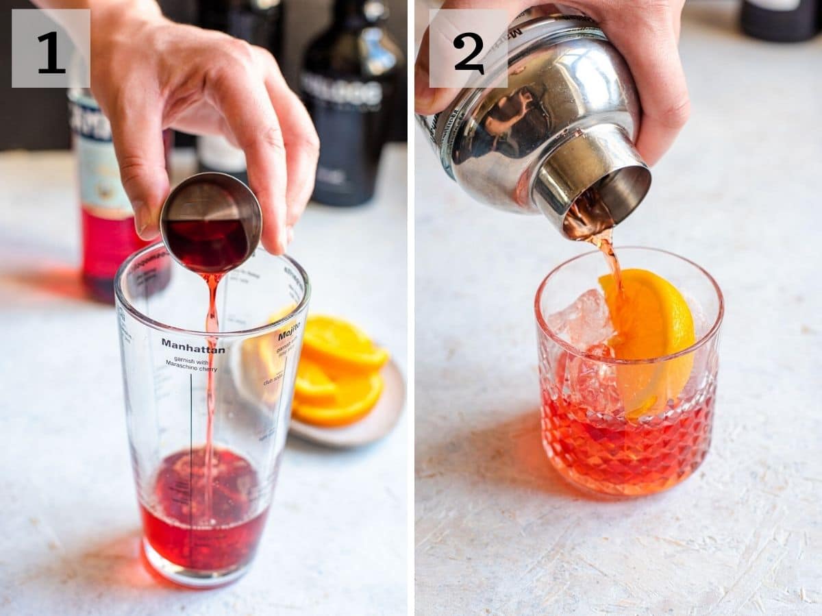 Two photos showing how to make a negroni cocktail