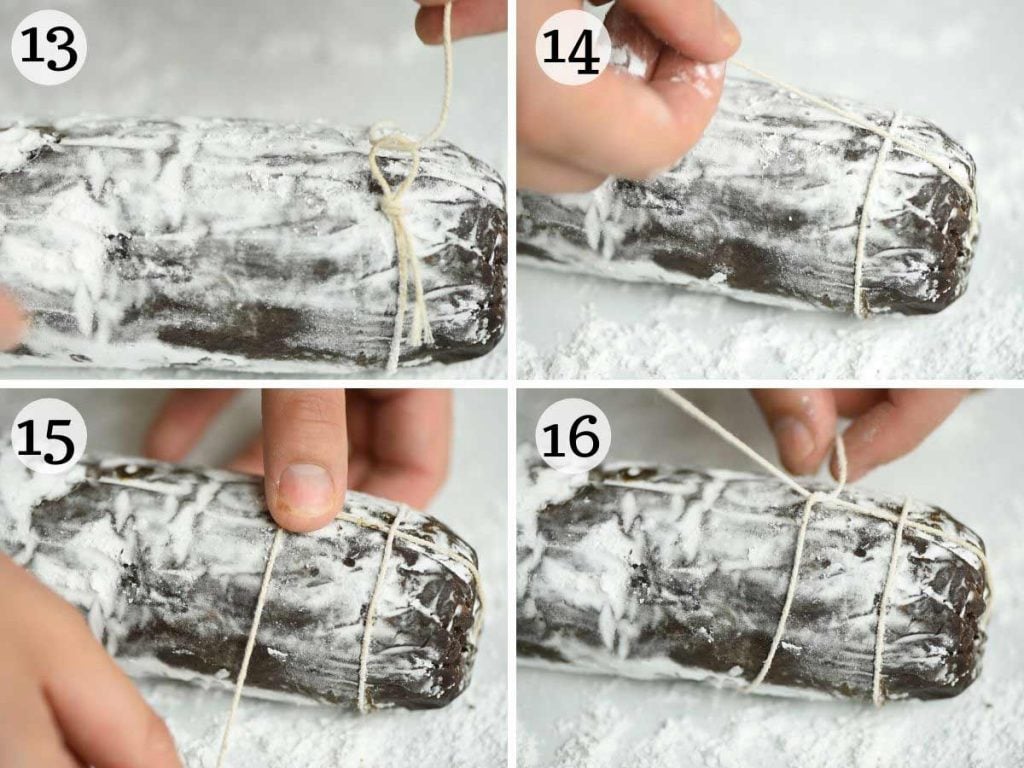 Step by step photos showing how to tie a chocolate salami with kitchen string