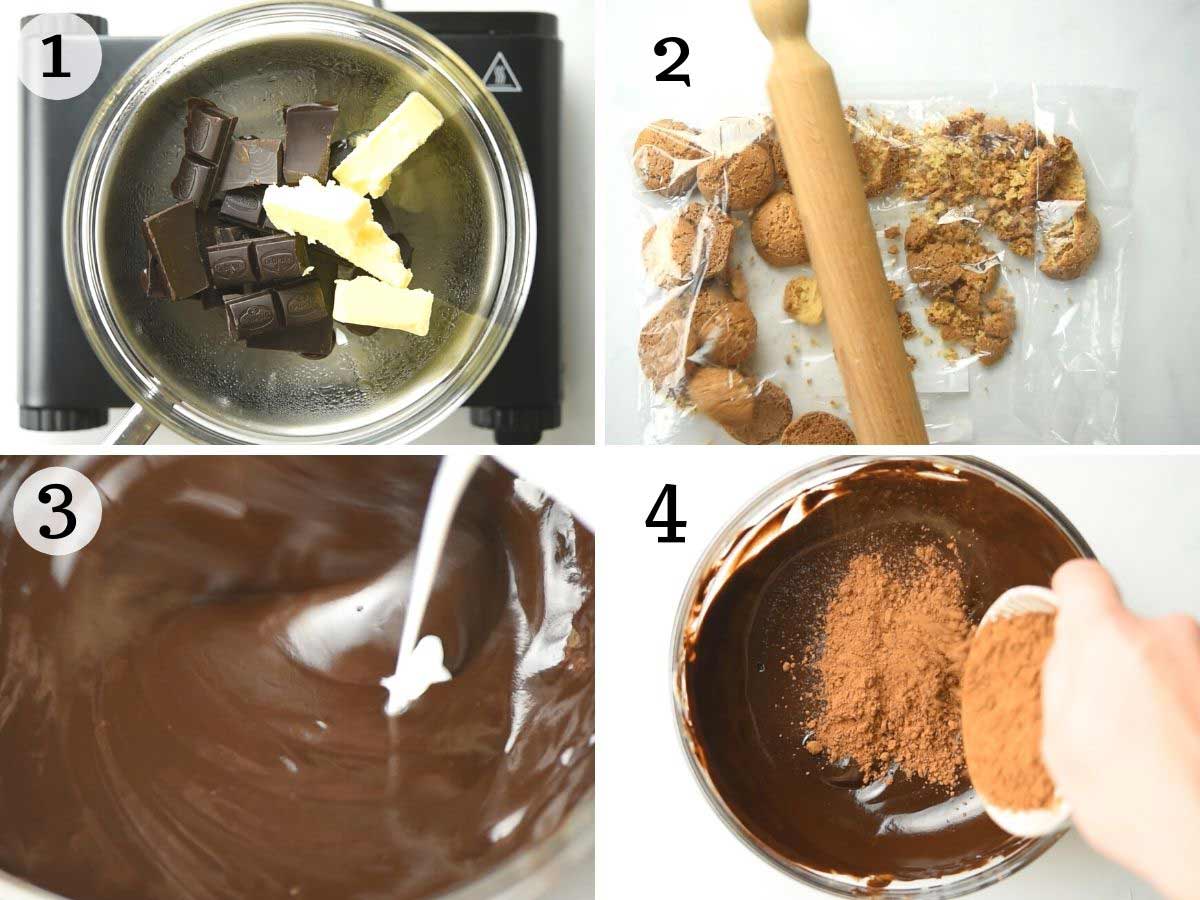 Step by step photos showing how to melt chocolate and crush cookies
