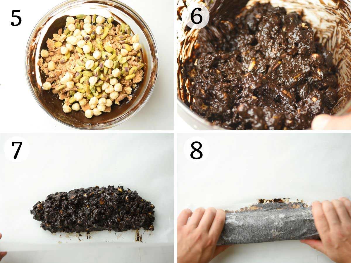 Step by step photos showing how to add nuts and cookies to melted chocolate