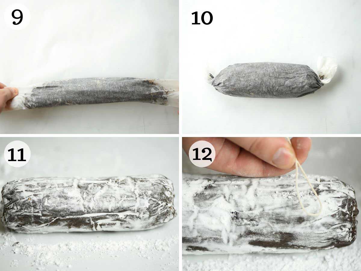 Step by step photos showing how to roll a chocolate salami and dust in sugar