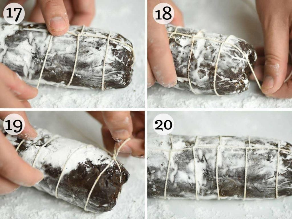 Step by step photos showing the final steps of making a chocolate salami