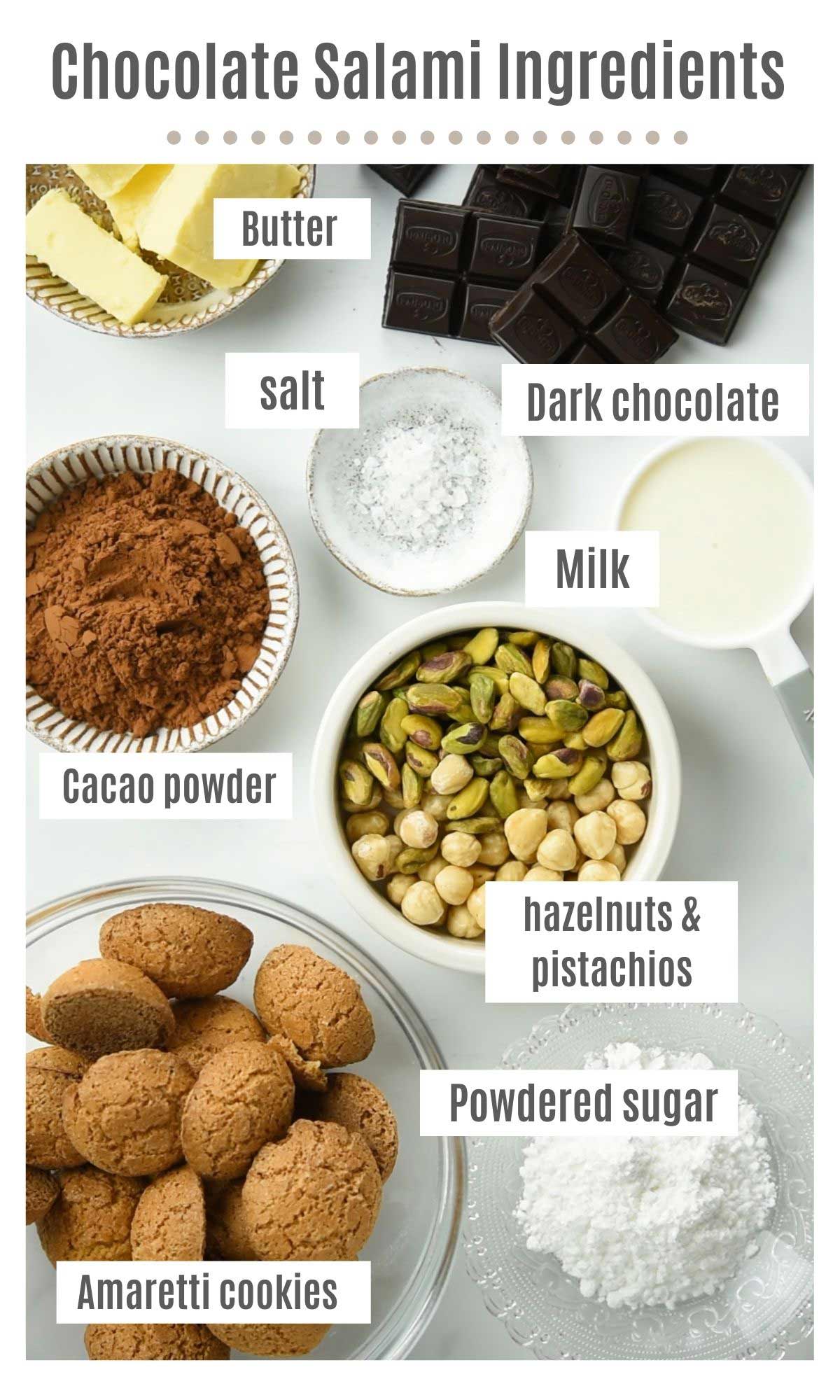 An overhead shot of all the ingredients you need to make chocolate salami