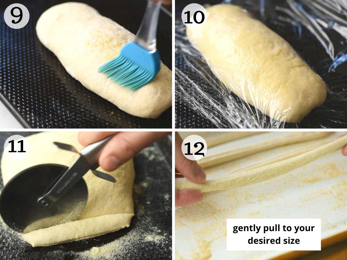 Step by step photos showing how to cut and stretch grissini breadsticks