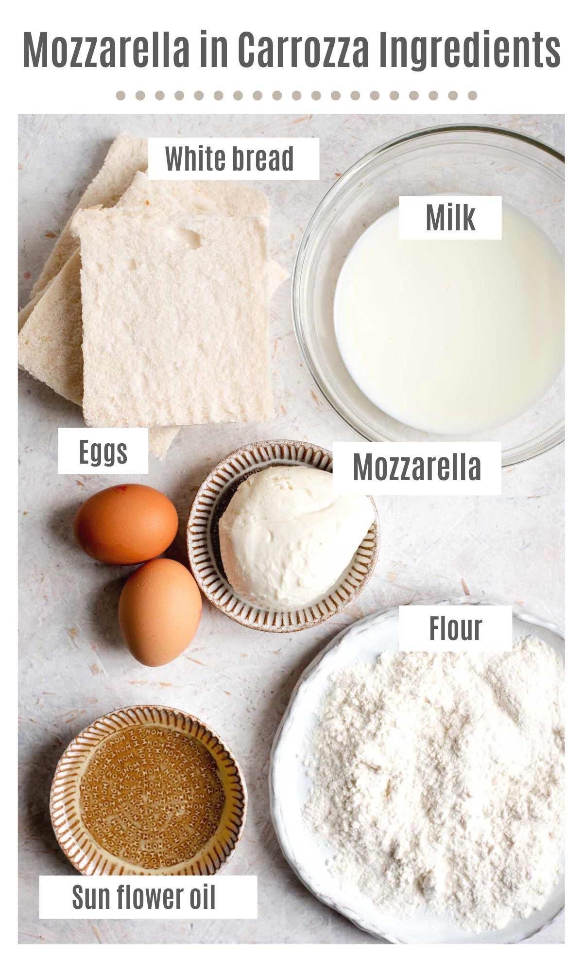 An overhead shot of the ingredients you need to make mozzarella in carrozza