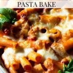 A close up of a sausage pasta bake with melted mozzarella cheese on top. The text overlay reads; Easy Spicy Sausage Pasta Bake.