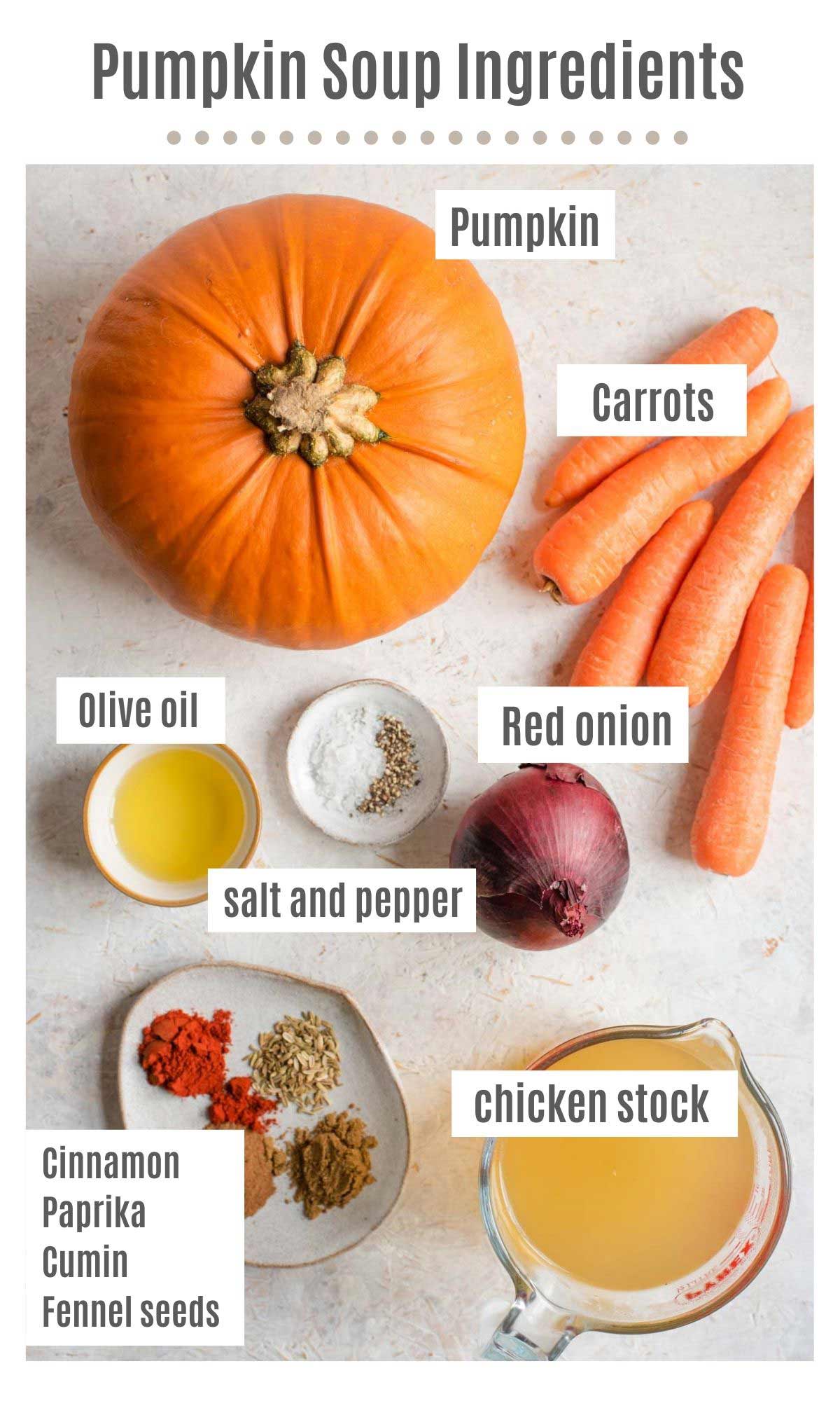 An overhead shot of all the ingredients you need to make pumpkin soup