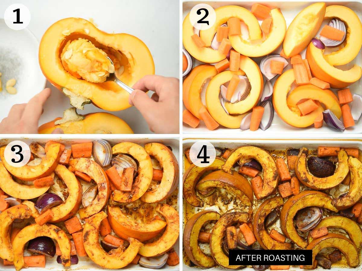 Step by step photos showing how to deseed and roast a pumpkin