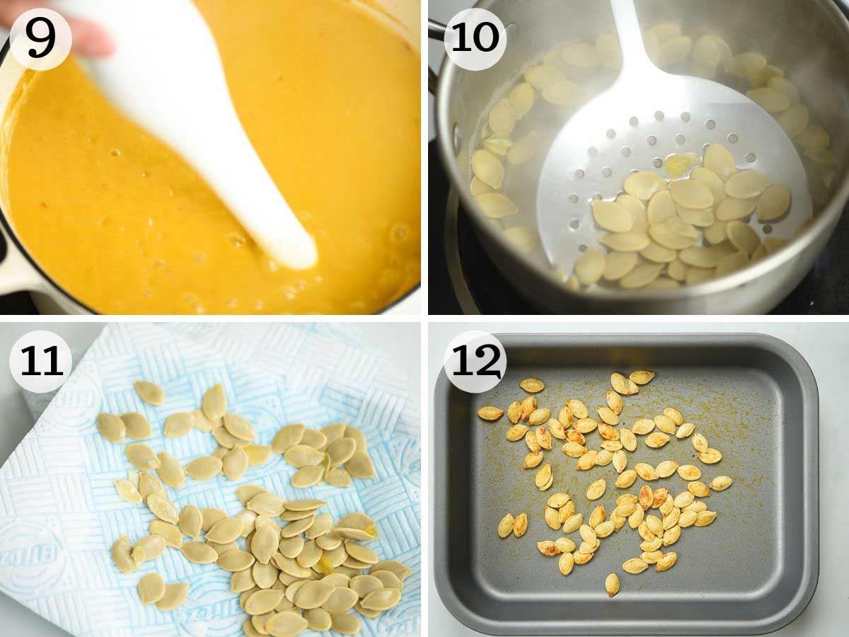 Step by step photos showing how to toast pumpkin seeds