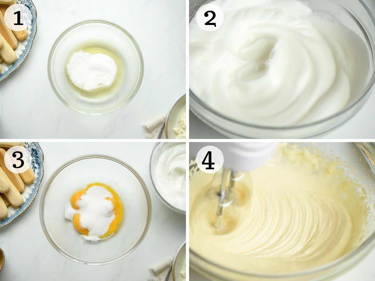 Step by step photos showing how to whisk egg whites and yolks