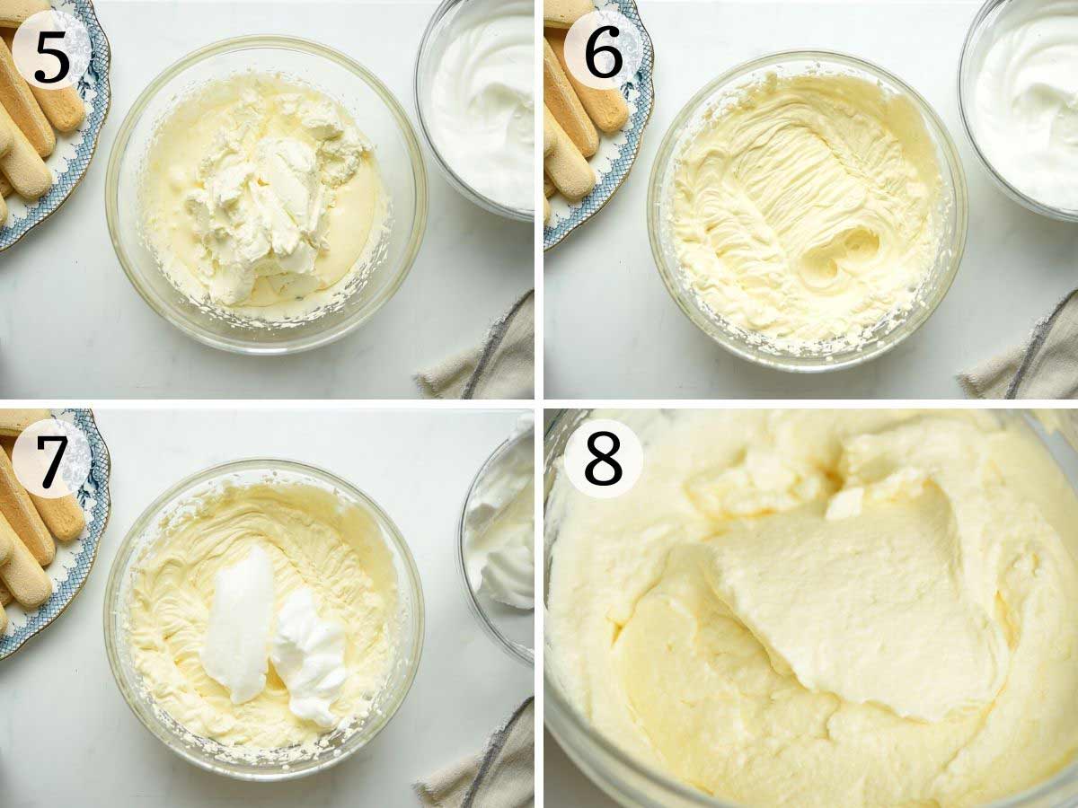 Step by step photos showing how to prepare the mascarpone filling for tiramisu
