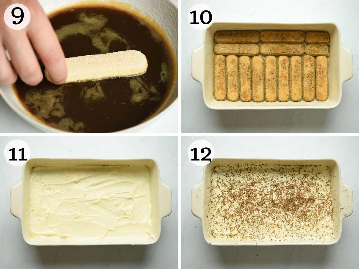 Step by step photos showing how to assemble a tiramisu