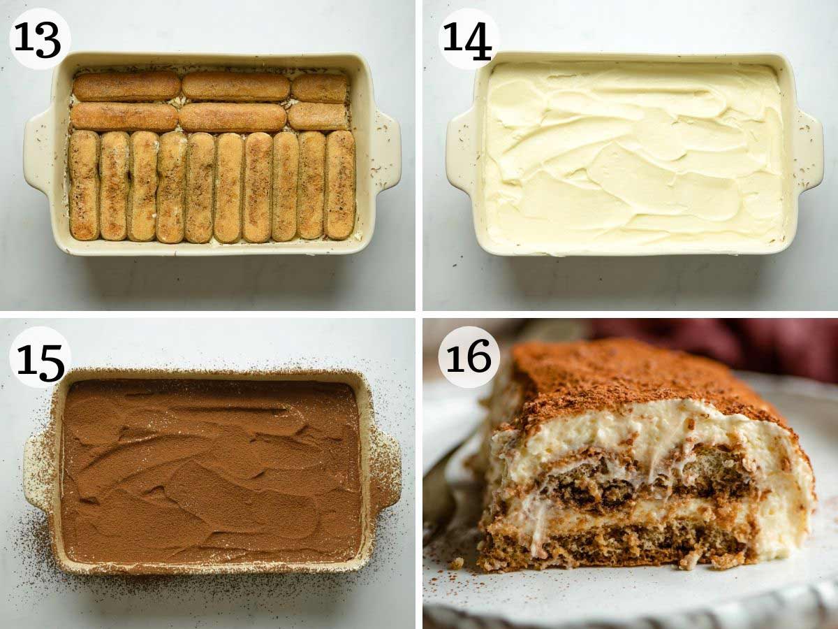 Step by step photos showing how to finish making a tiramisu