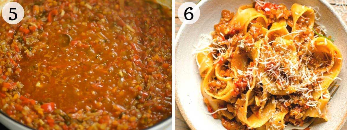 Two photos showing a how vegetable ragu should look once cooked