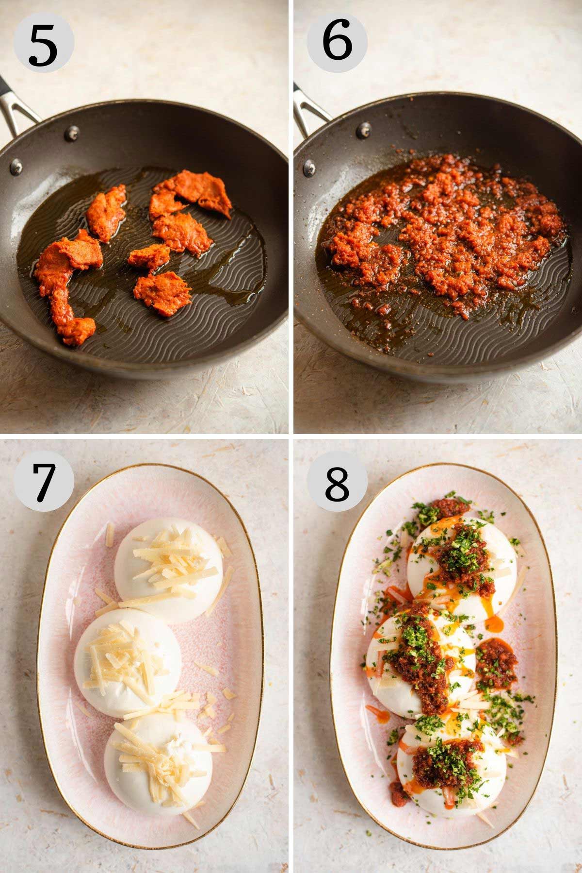 Step by step photos showing how to assemble a burrata appetizer