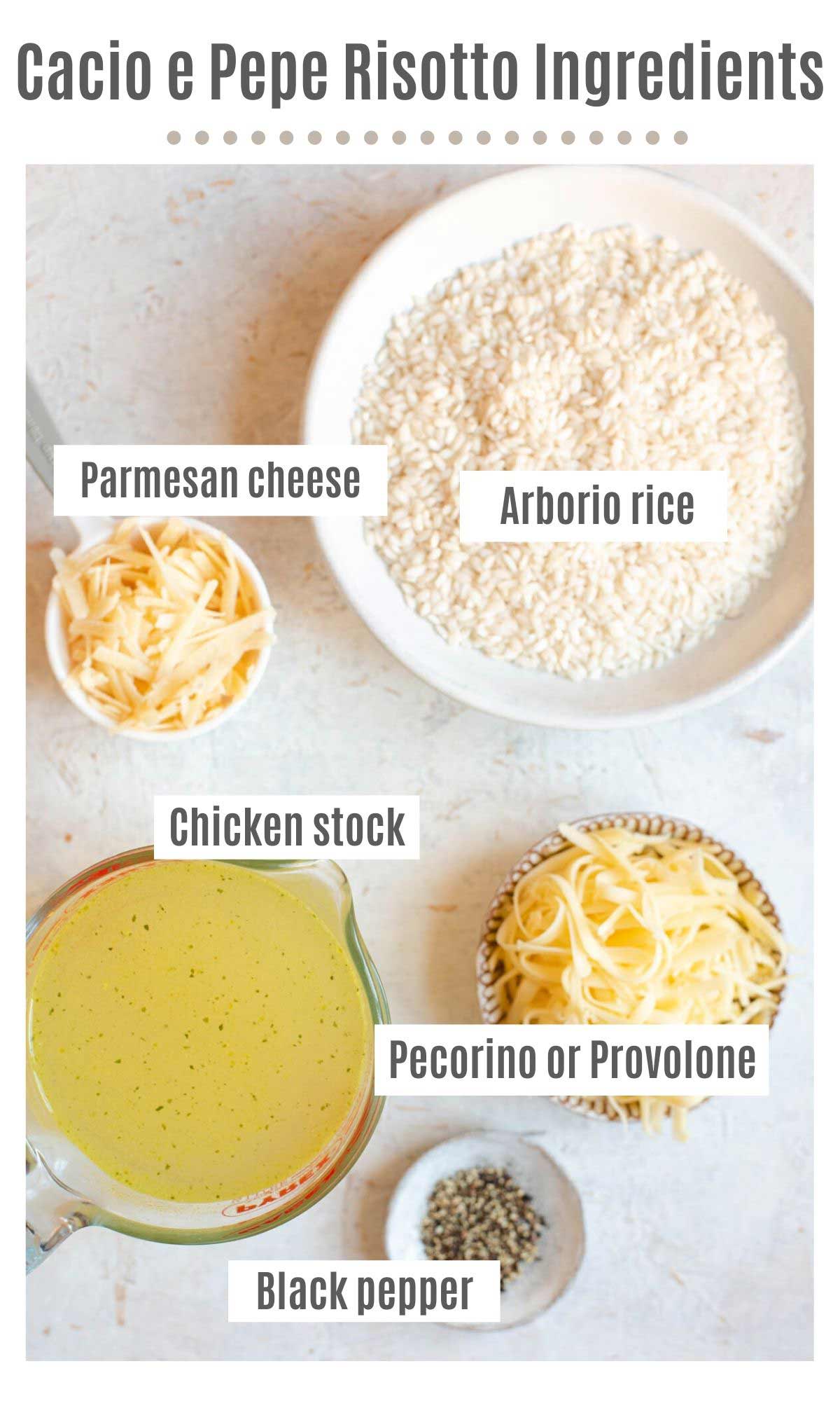 An overhead shot of all the ingredients you need to make cacio e pepe risotto