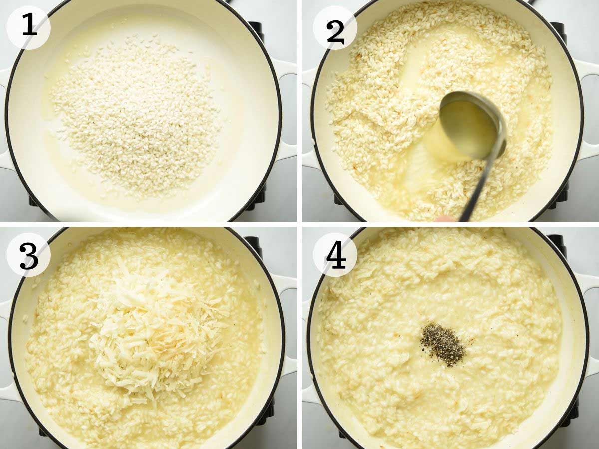 Step by step photos showing how to make cacio e pepe risotto