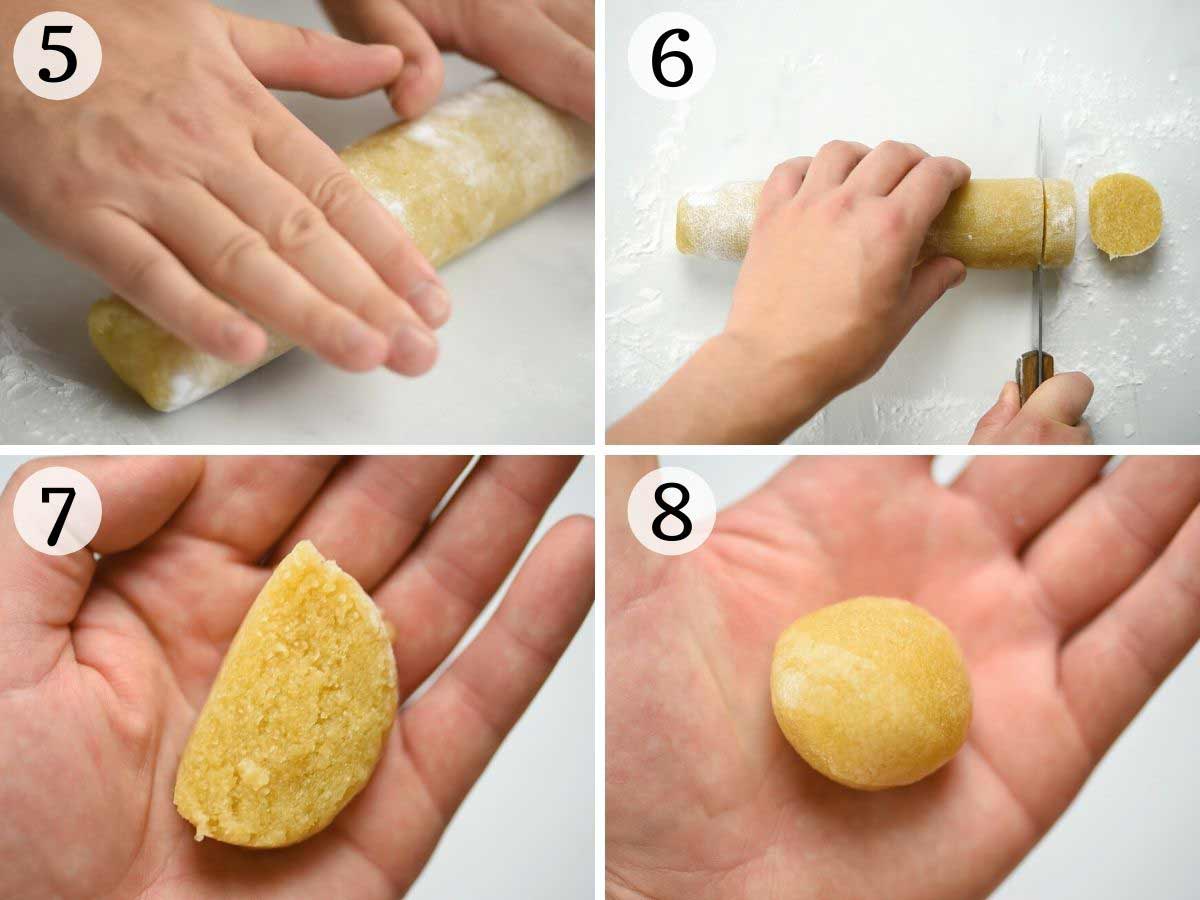 Step by step photos showing how to shape Ricciarelli cookies