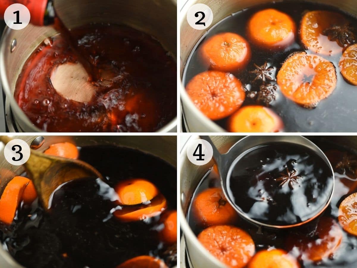 Step by step photos showing how to make mulled wine with amaretto
