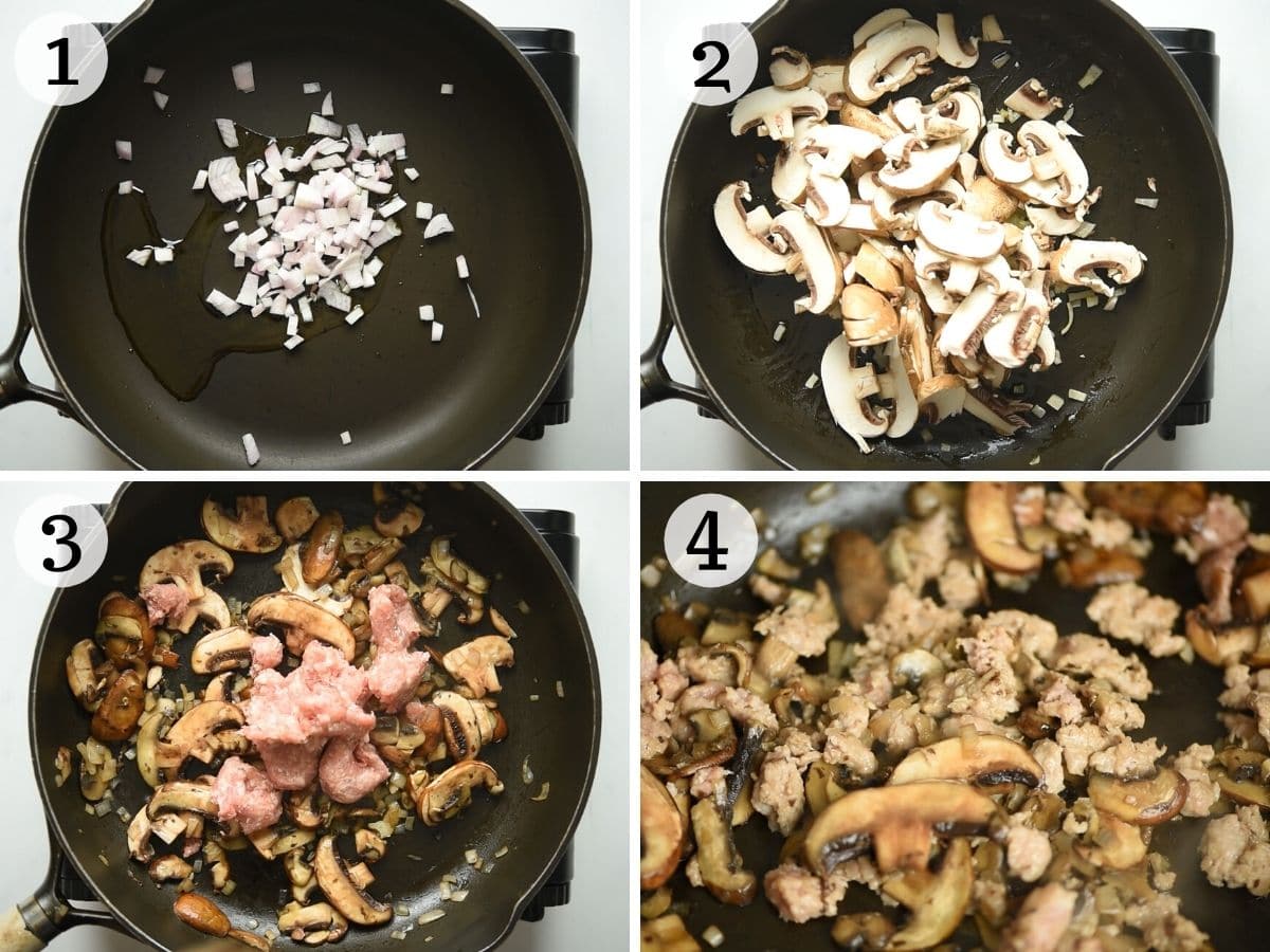 Step by step photos showing how to saute shallot, mushrooms and sausage