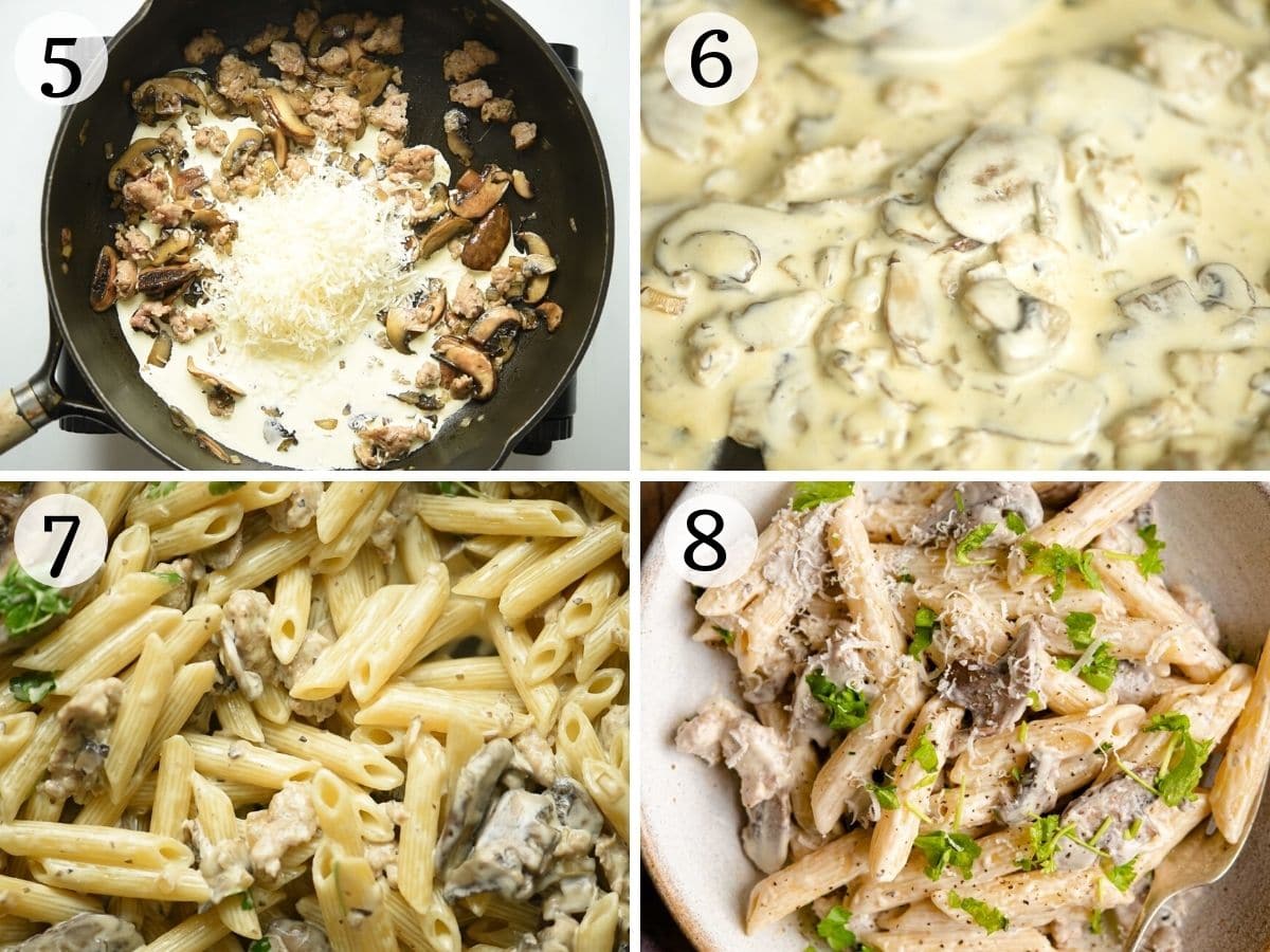 Step by step photos showing how to make pasta alla Boscaiola