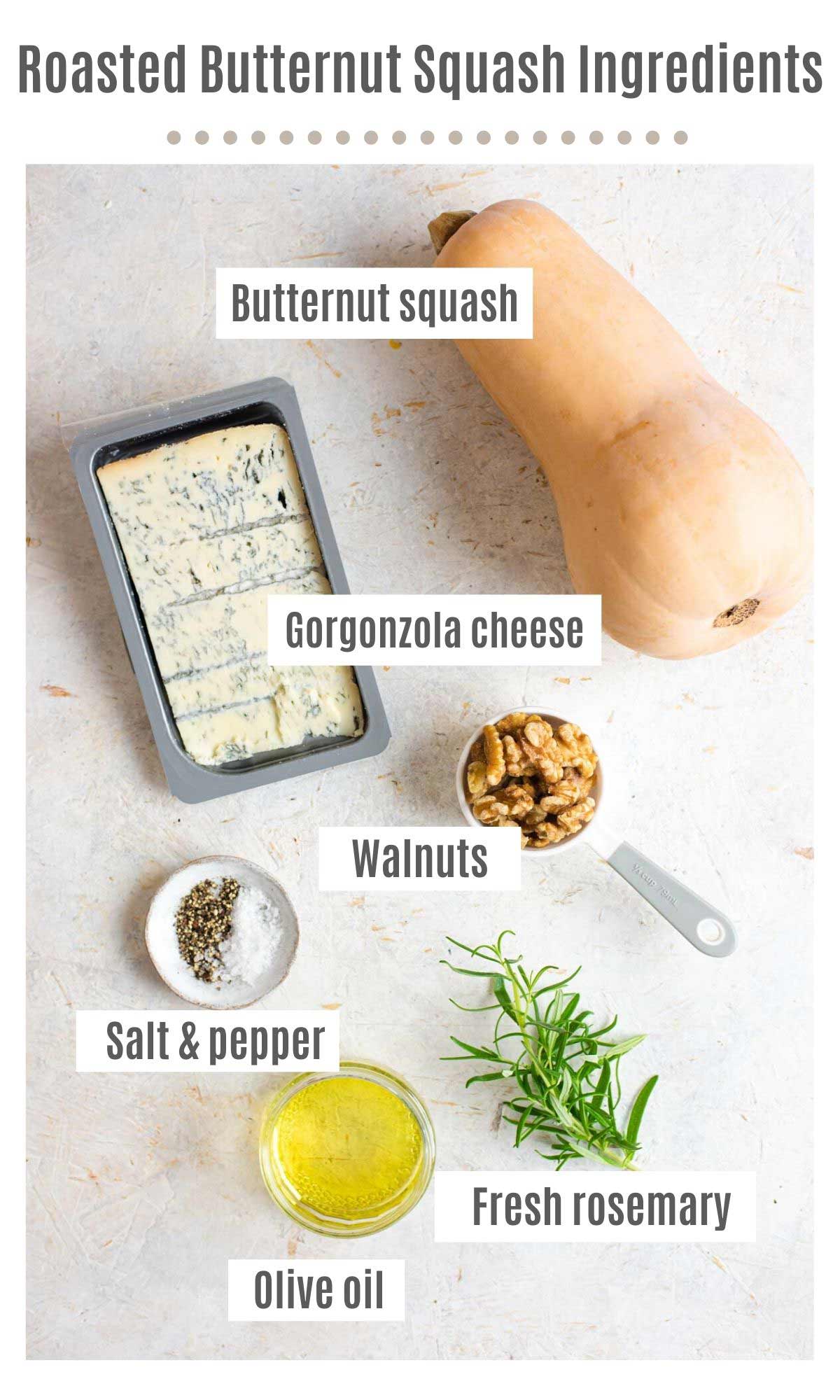 An overhead shot of all the ingredients you need to make roasted butternut squash