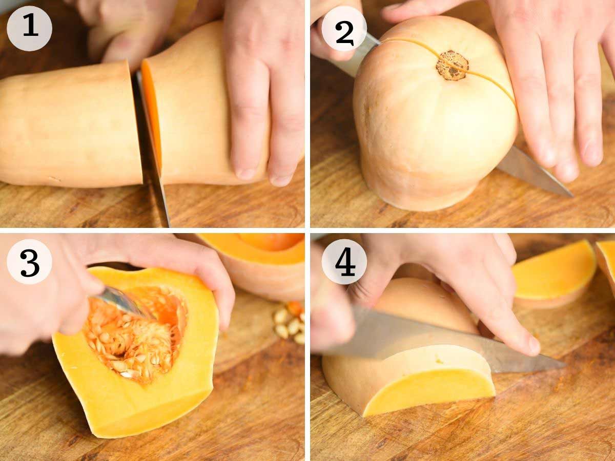 Step by step photos showing how to cut a butternut squash