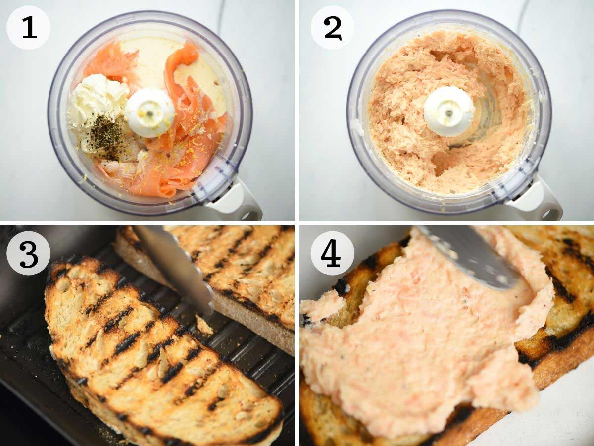 Step by step photos showing how to make smoked salmon crostini