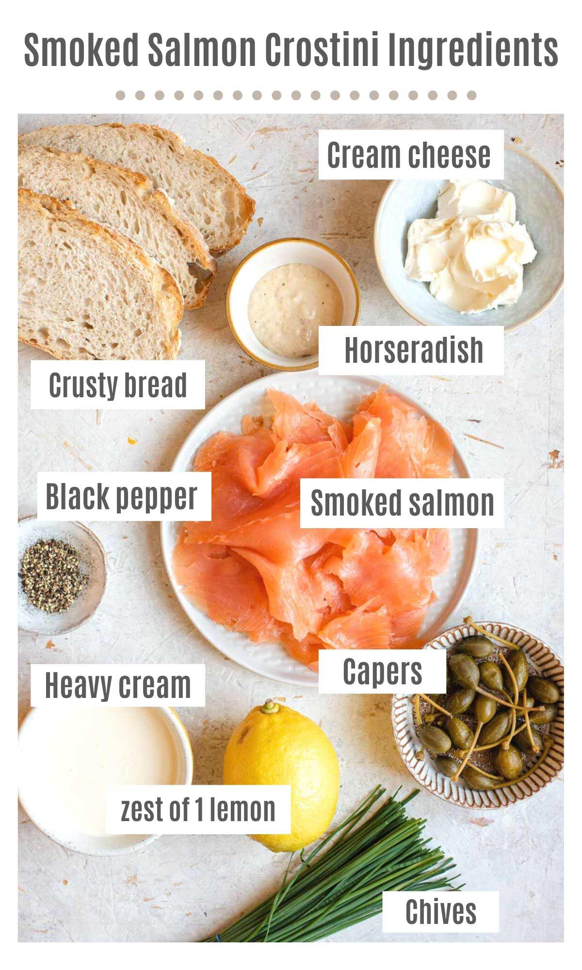 An overhead shot of all the ingredients you need to make smoked salmon crostini