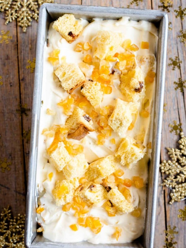 An overhead shot of panettone ice cream in a loaf tin