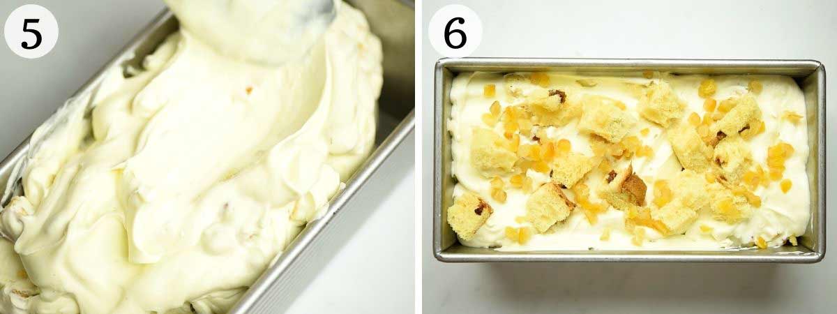 Two photos showing how to freeze panettone ice cream