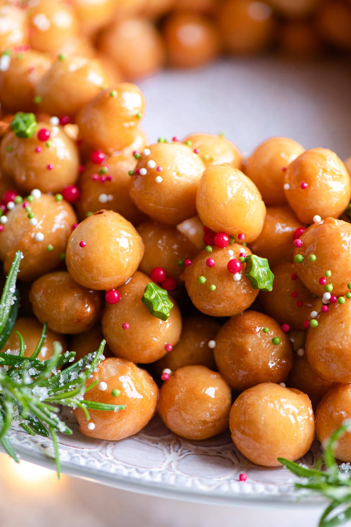 A close up of struffoli Italian honey balls