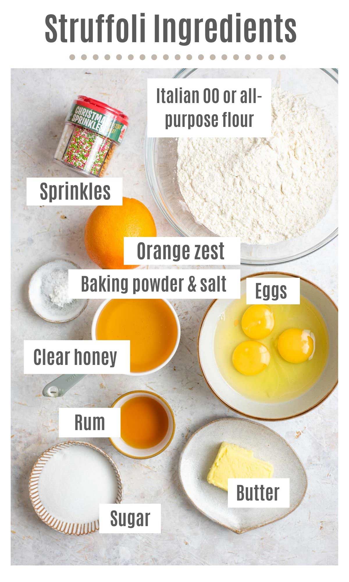 An overhead shot of all the ingredietns you need to make Struffoli