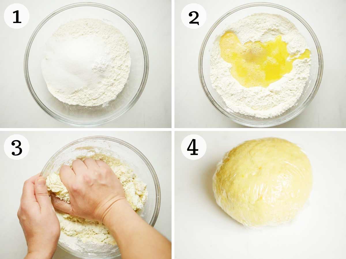 Step by step photos showing how to make struffoli dough