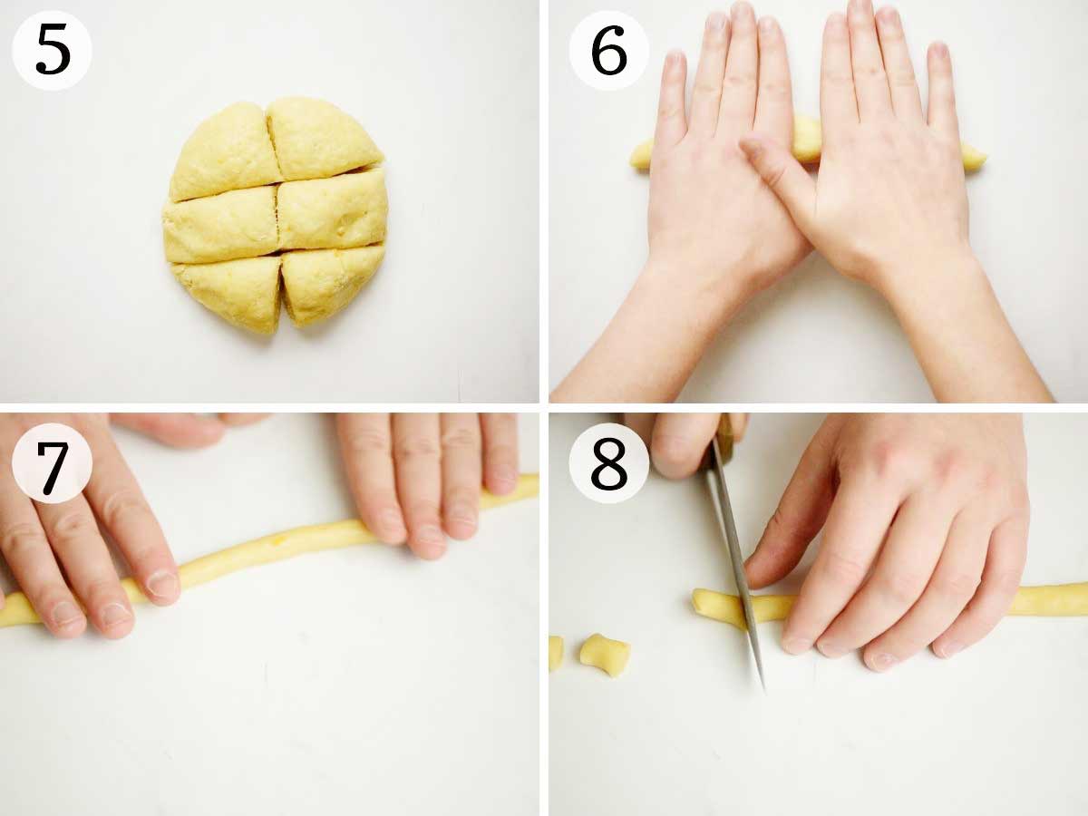 Step by step photos showing how to roll struffoli into balls