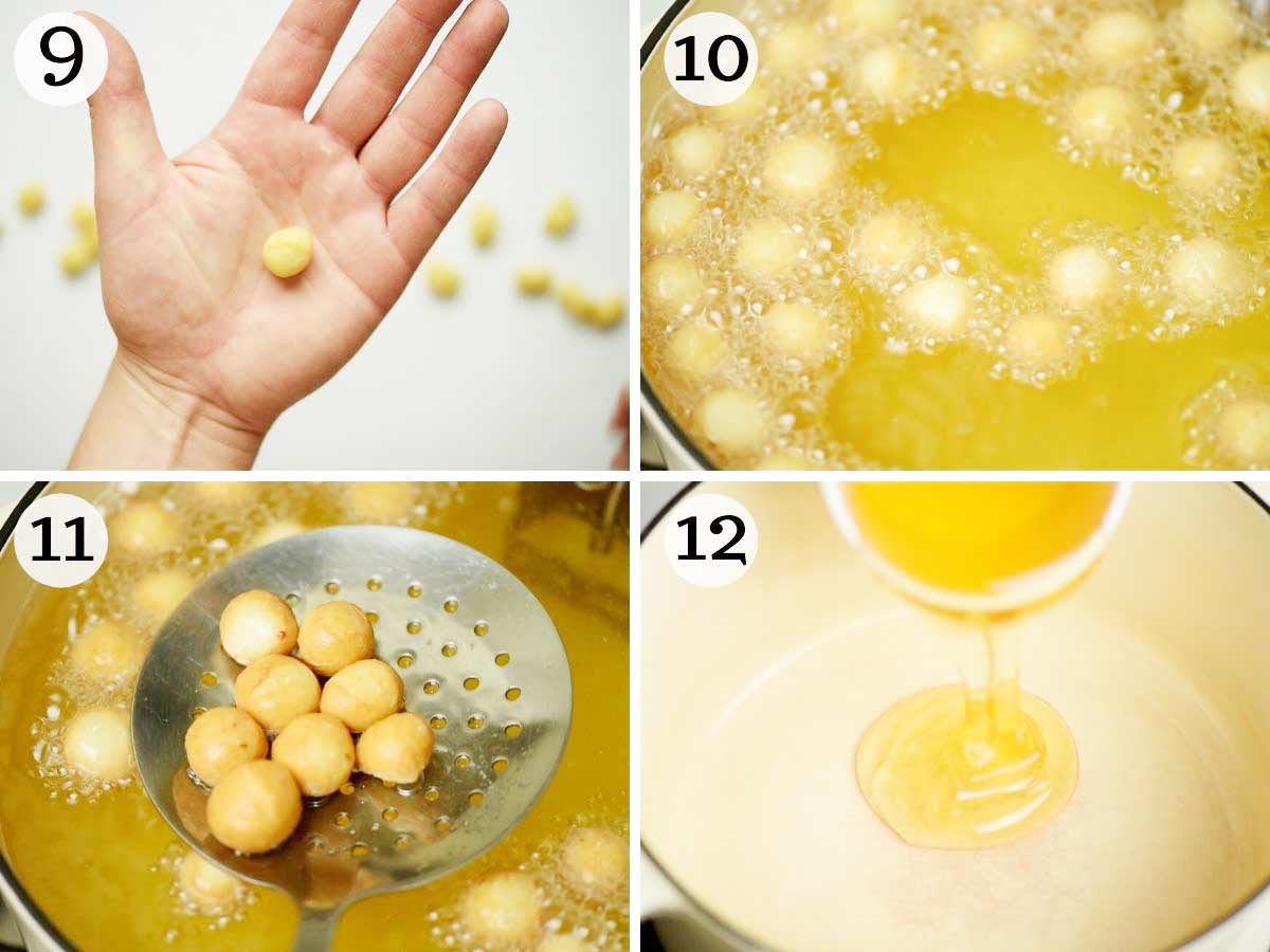 Step by step photos showing how to fry struffoli