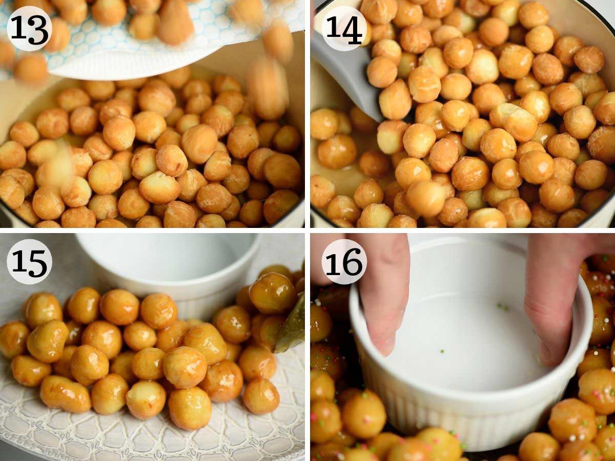 Step by step photos showing how to toss struffoli in honey and assemble them in a ring shape