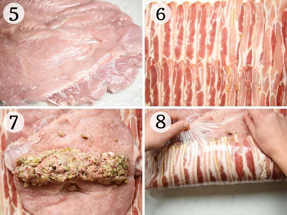 Step by step photos showing how to stuff and roll an turkey breast